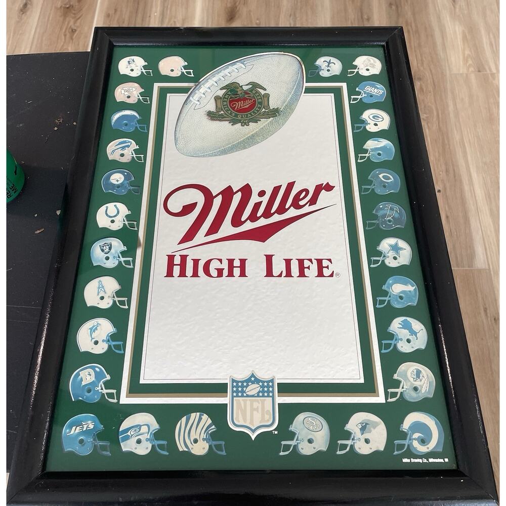 Vintage 1980s Miller High Life NFL 28 Team Helmets Bar Mirror Sign 14.5” X 20”